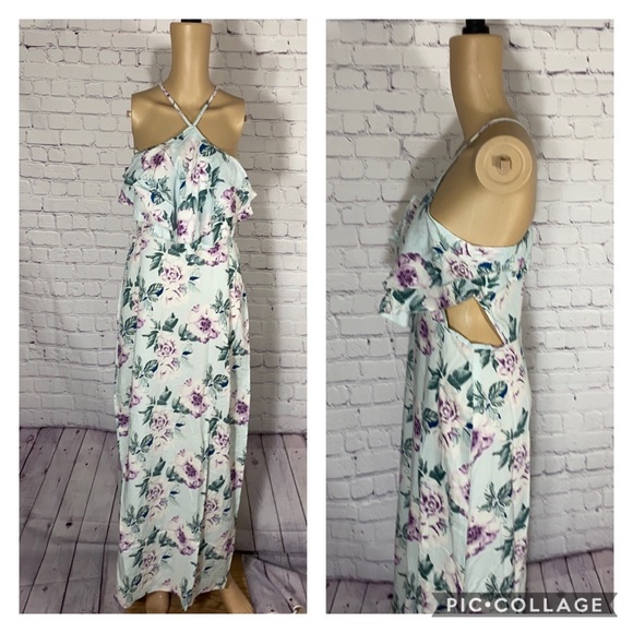 Light green floral halter maxi with ruffles - Picture 2 of 8